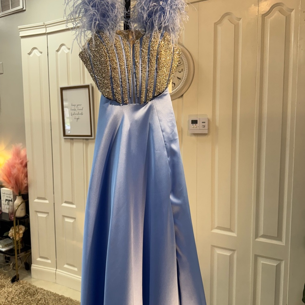 Elegant Blue Gown with Feather Detail